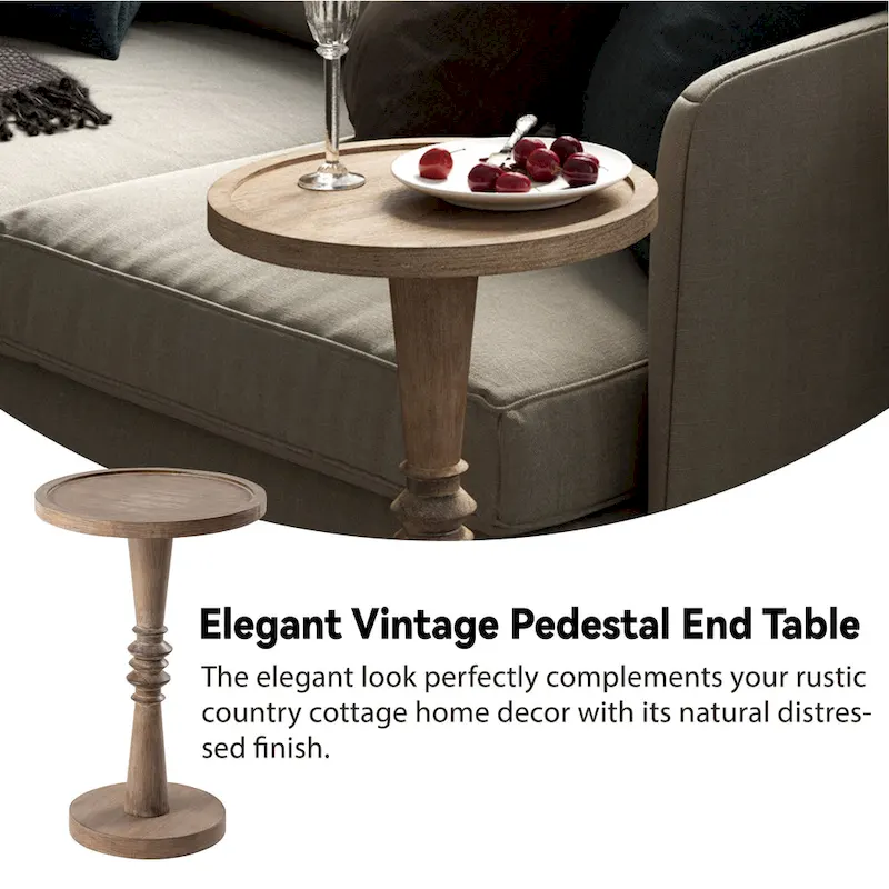 COZAYH Pedestal Small Drinking Table, Farmhouse Tray Top End Table, Distressed Finish, Traditional