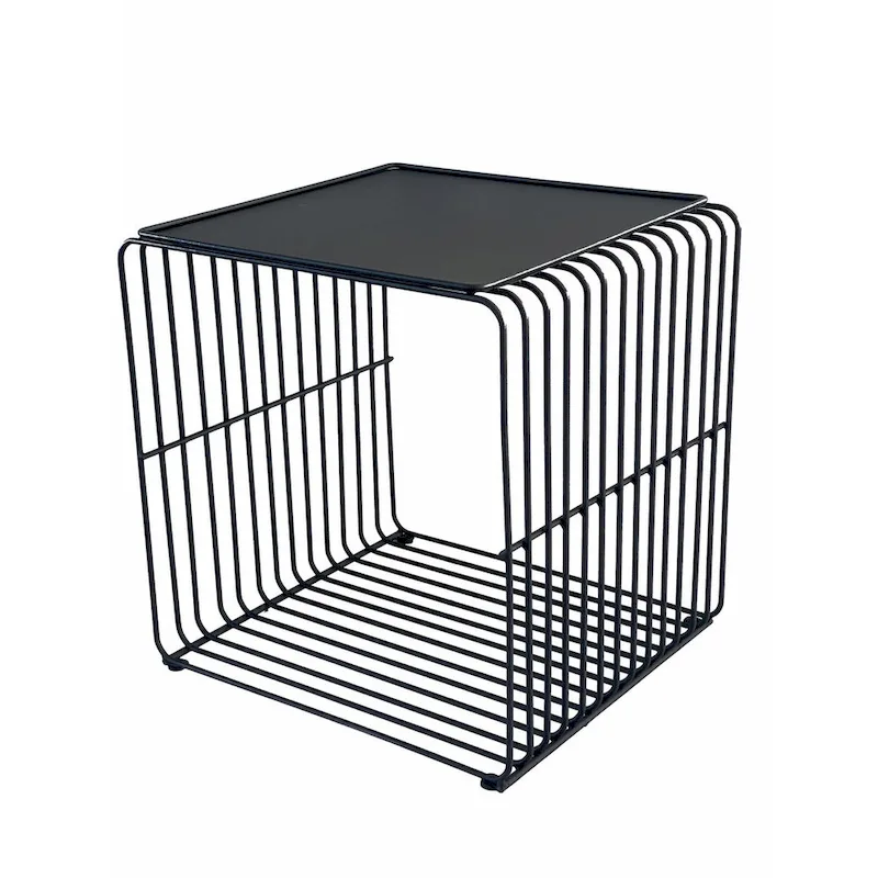 16-Inch Side Table with Waterfall-Style Black Metal Wireframe