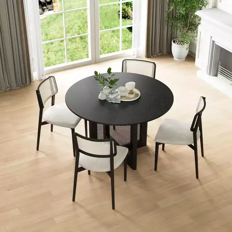 46 inch Round Black Rattan Dining Table for 4-6 People Suitable for Dining Room and Living Room