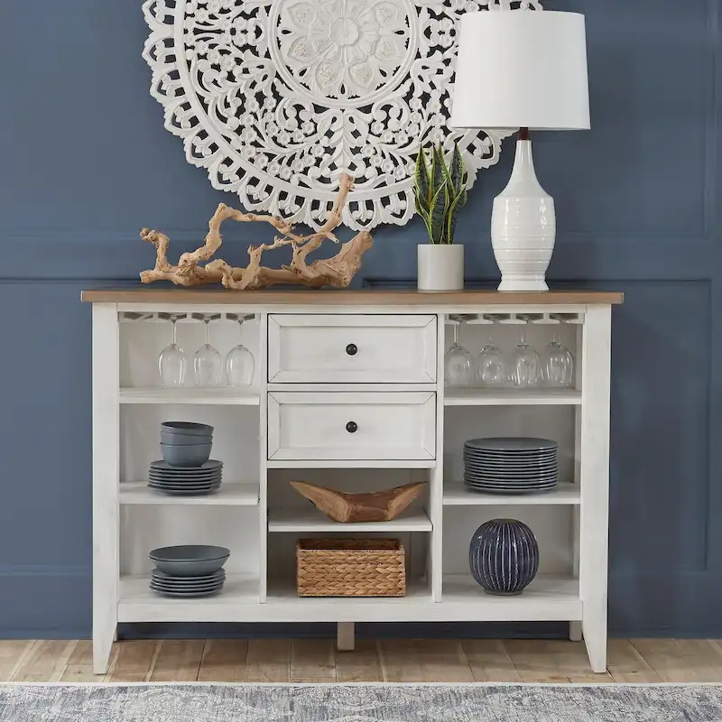 White Two-Tone Server Cabinet with Stemware Rack and Adjustable Shelves