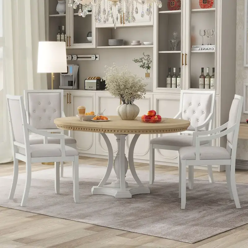 5-Piece Dining Set Extendable Round Dining Table and 4 Upholstered Back Chairs for Kitchen Dining Room