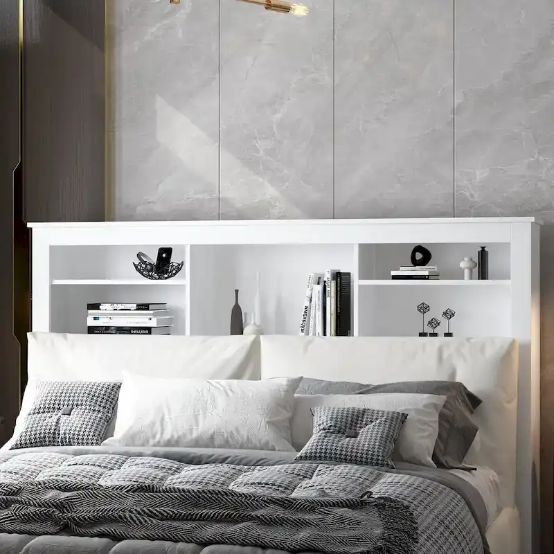 65Timechee Queen Bookcase Headboard RGB Light Adjustable Shelf