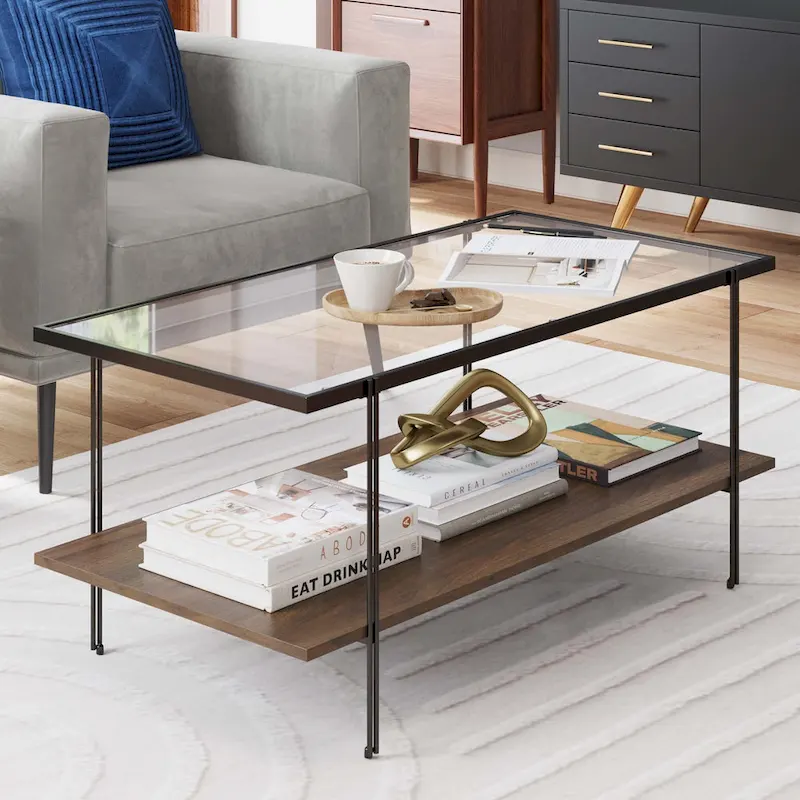 Mid-Century Coffee Table with Glass Top and Oak Shelf