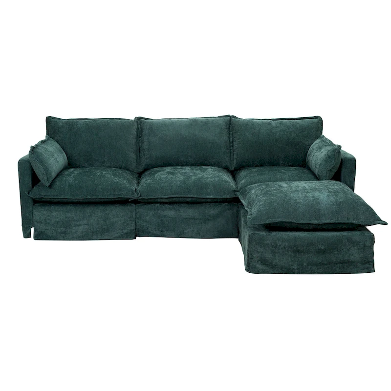 93.31 Faux Linen Modular Sectional Sofa with Movable Ottoman, Solid Wood Frame, and High-Resilience Foam Cushions
