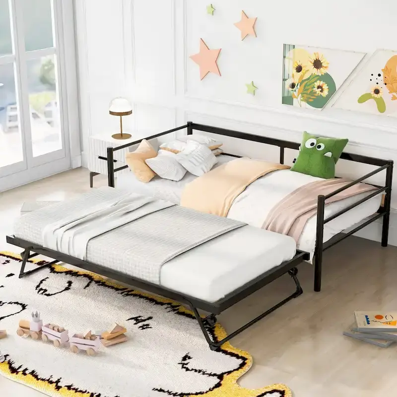 Black Industrial Style Metal Twin Daybed, Adjustable Pop-Up Trundle, Sturdy Frame