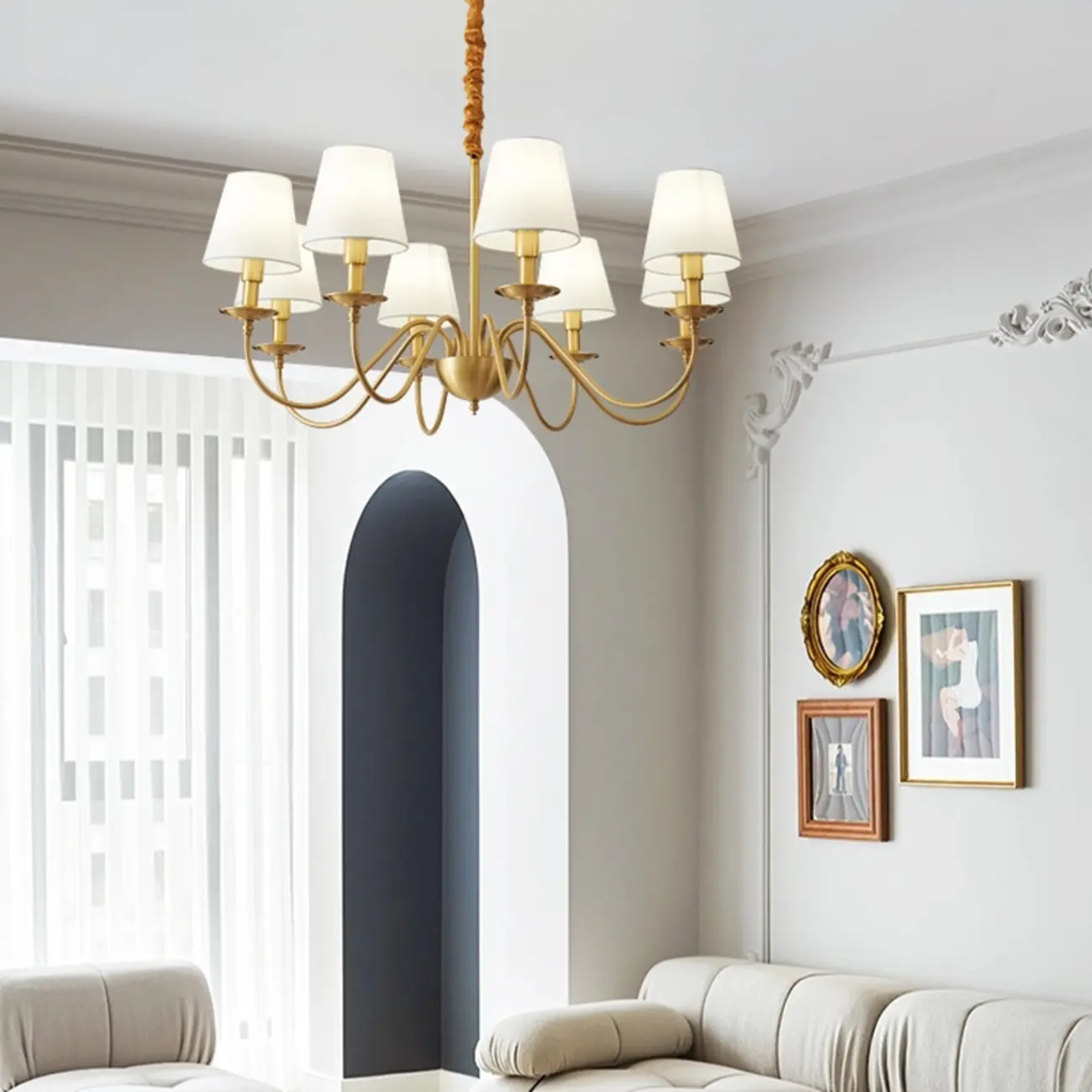 Elegant White Fabric Shade Classic Gold Chandelier