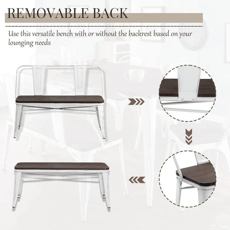 Dining Bench, Entryway Bench with Back, Farmhouse Metal Dining Bench, Industrial Mid-Century 3 Person Bench, Wood Seat