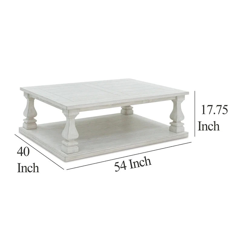 Dyne Cocktail Coffee Table, Plank Top, Balusters, 54 Inch White Wood