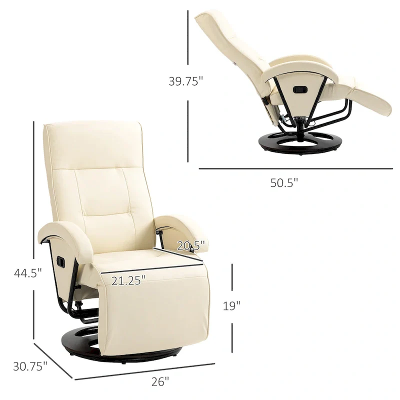 HOMCOM PU Recliner with Footrest, Lounge Chair with 135 Adjustable Backrest, Swivel Wood Base