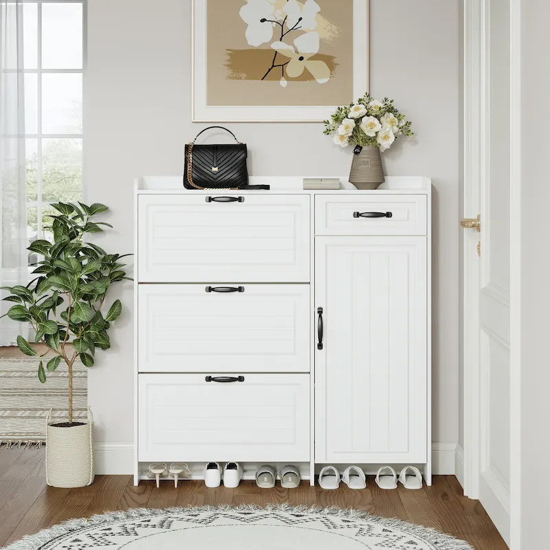 White color shoe cabinet with 4 doors 1 drawers,large space for storage