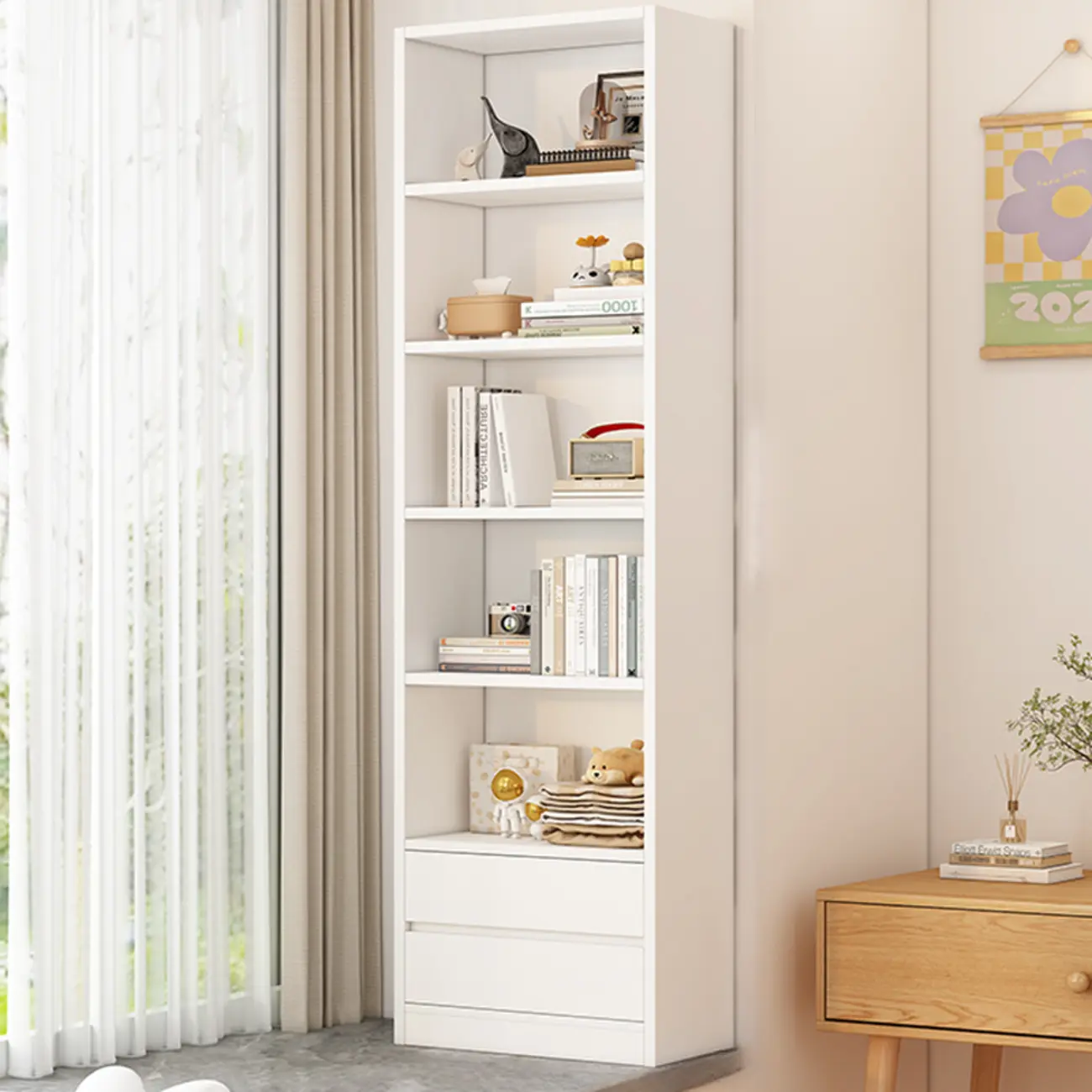 Simple Wooden White 3-Tier Bookcase with Drawers