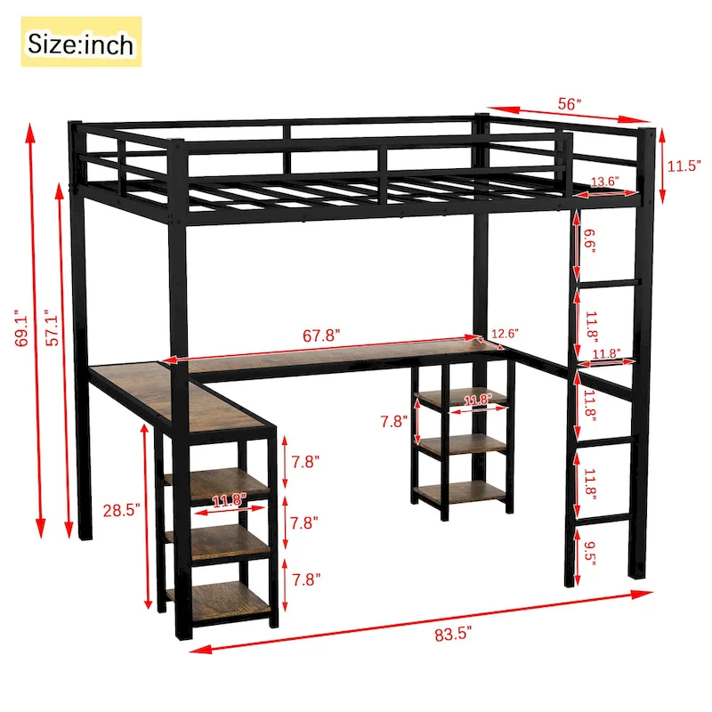 Full XL Metal Loft Bed with Desk and Shelves