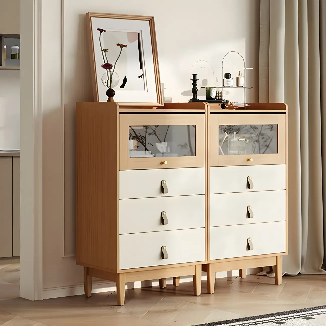 Durable Natural Finish Light Wood and Glass Drawers Dresser