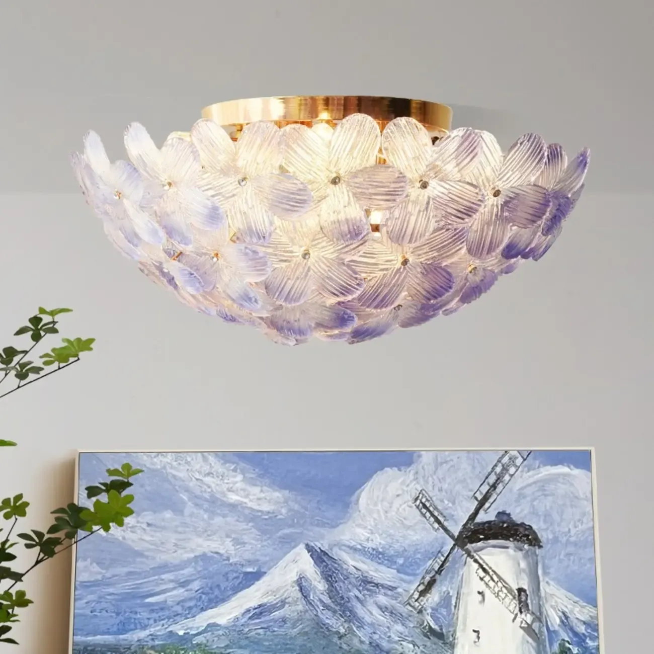 Modern Floral Glass Shade Round Gold Flush Ceiling Light