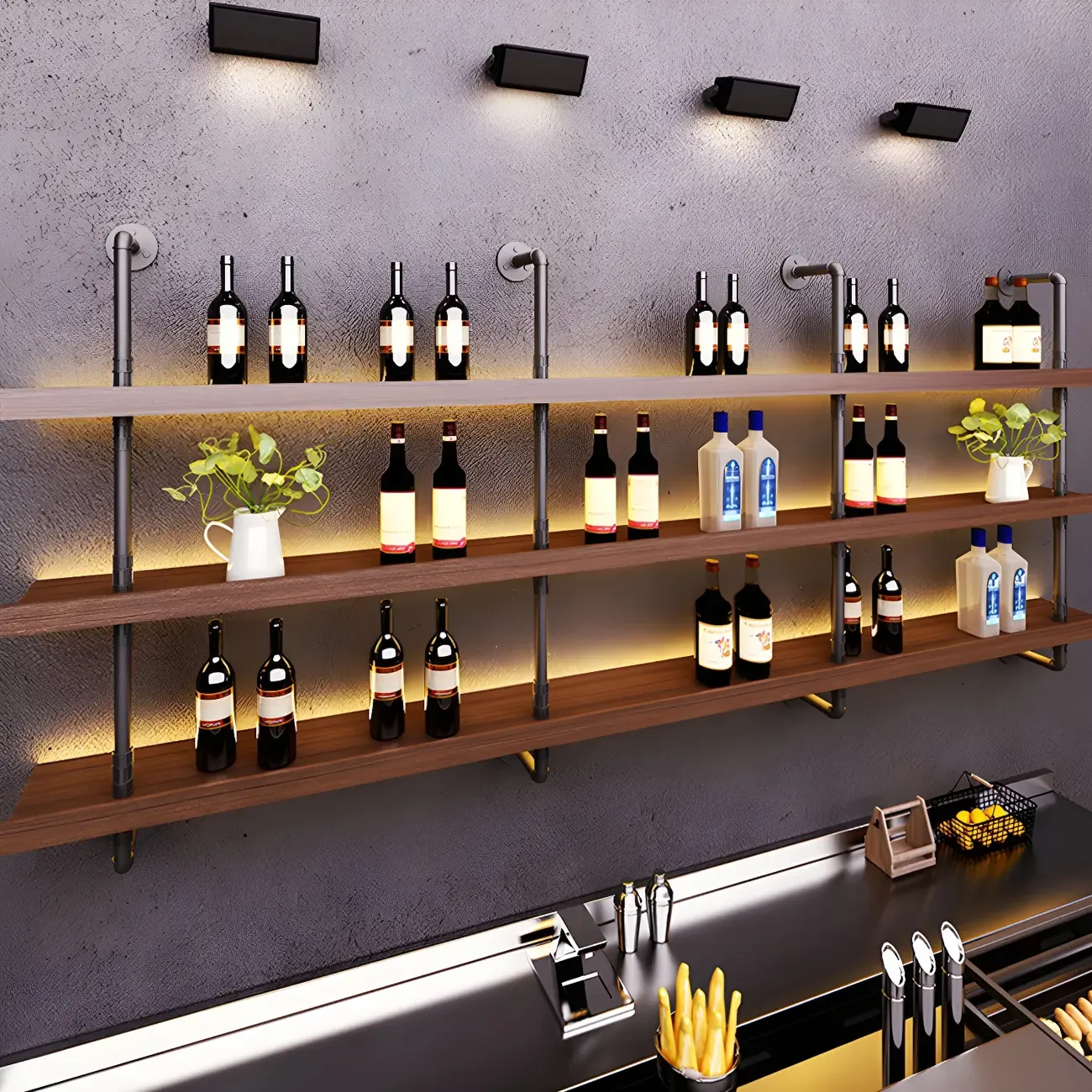 Brown Pine Wood Wall-Mounted Wine Rack with Light