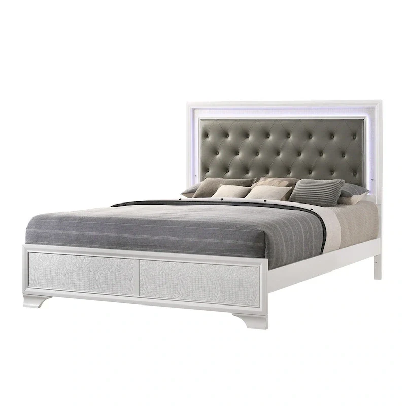 Kym 4 Piece Frost LED Faux Leather Upholstered Tufted Panel Bedroom Set