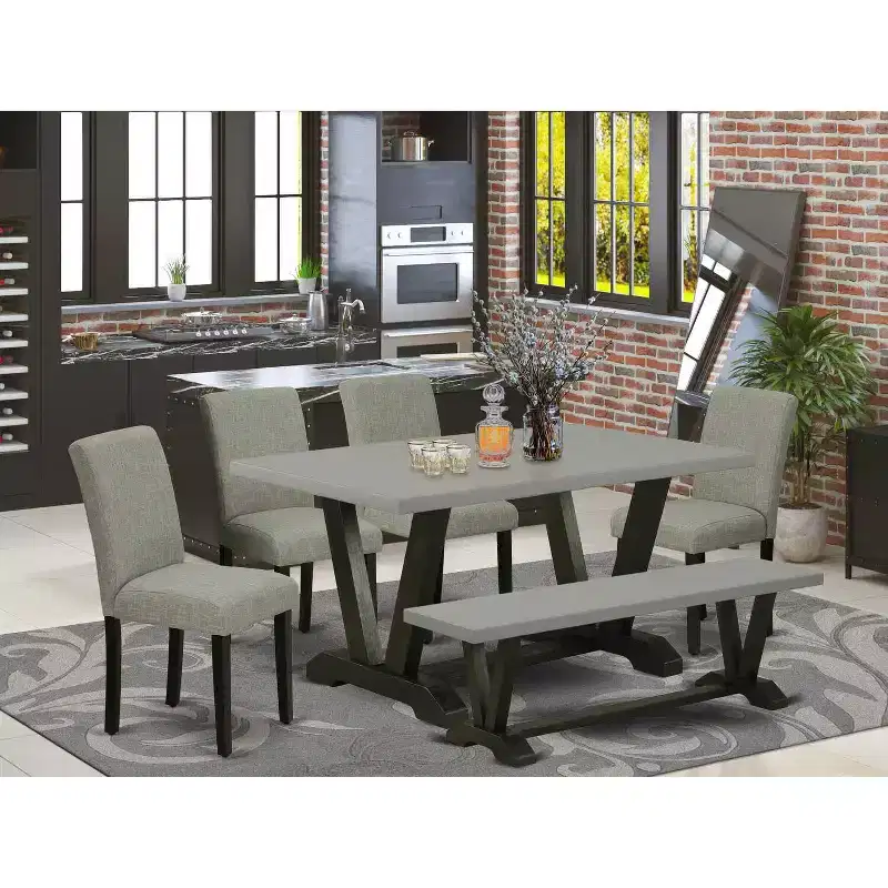 HomeStock 6-Pc Rectangle Natural Oak Finish Solid Wood Top Dining Table with 1-Bench, 4-Chairs