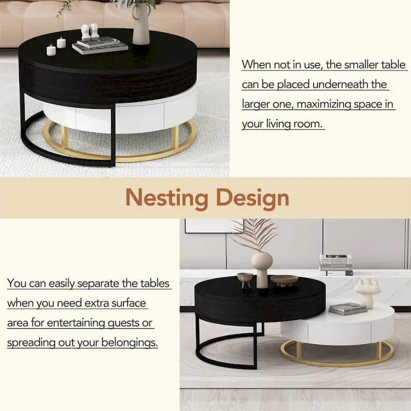 Merax Modern Round Lift-top Nesting Coffee Tables with 2 Drawers