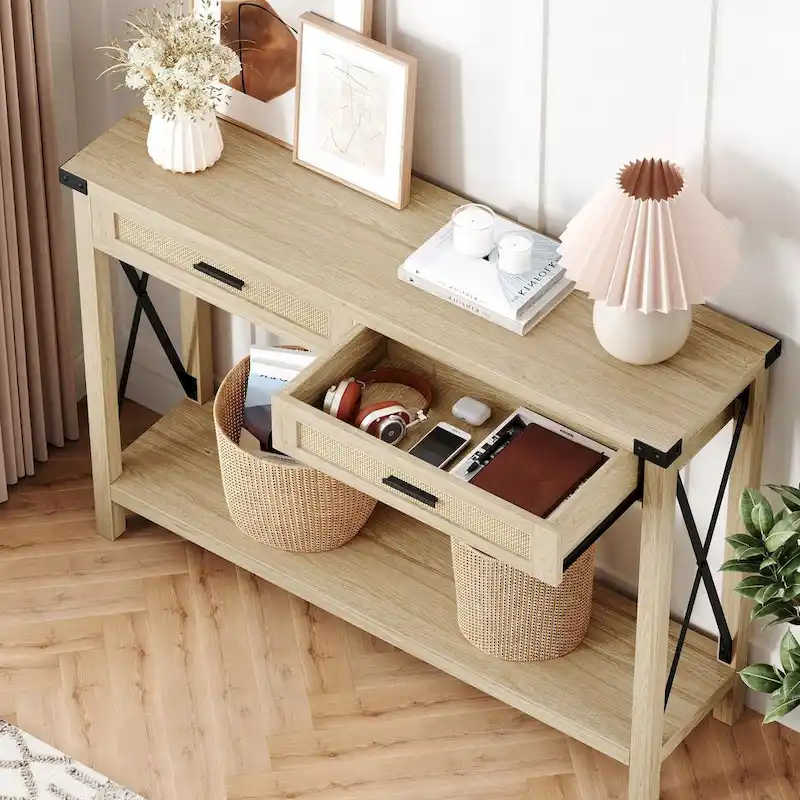 Console Table with Rattan Drawers, Farmhouse Sofa Table