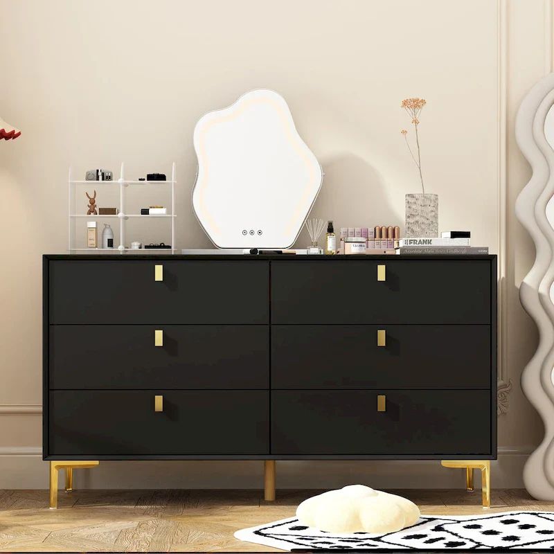 Dresser 6 Drawer Wood Dresser for Bedroom with Storage Modern Gold