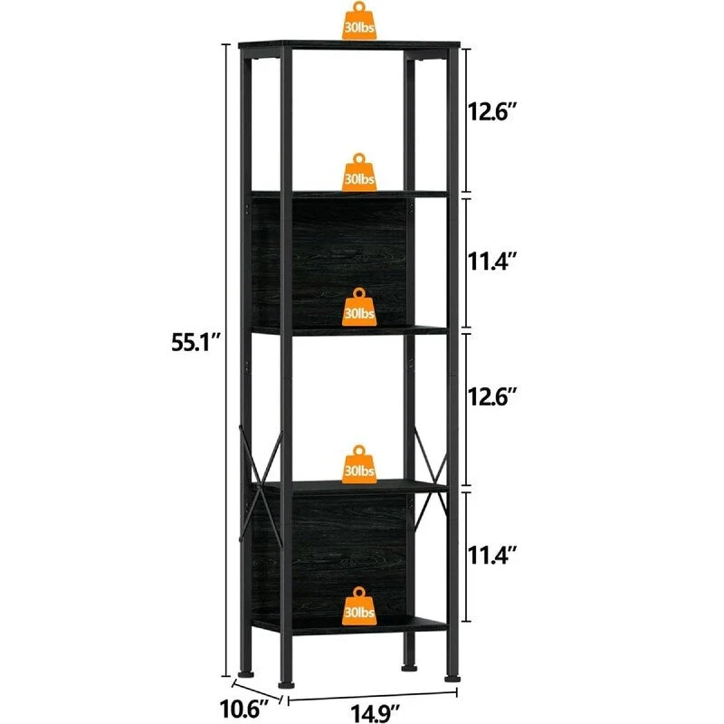 5 Tier Tall Bookshelf - 14.9D x 10.6W x 55.1H