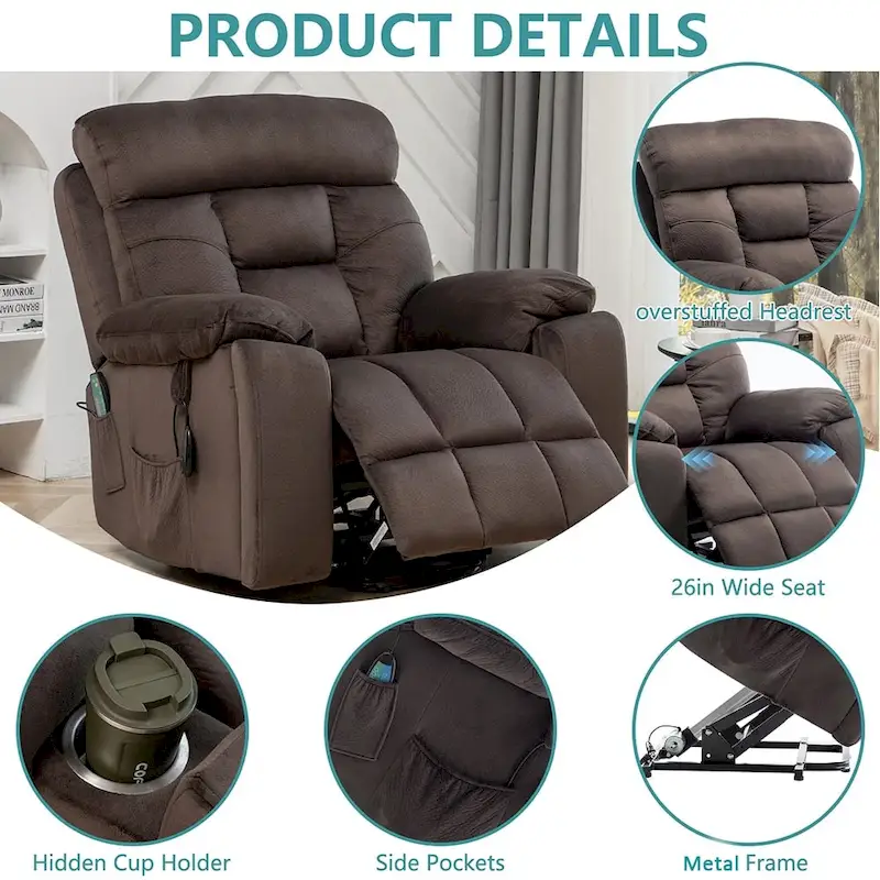Power Lift Recliner, Massage & Heat, Velvet, 8-Point Massage, Cup Holder, Reclines 160°, Seats 1, Light/Dark Brown