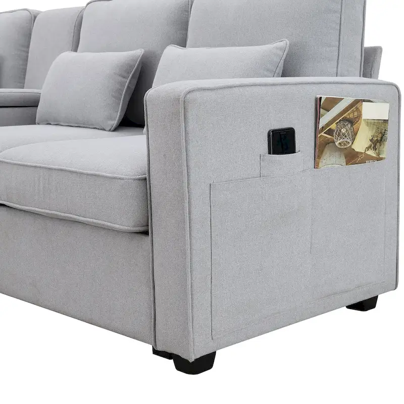 4-Seater Modern Linen Fabric Sofa with Armrest Pockets and 4 Pillows
