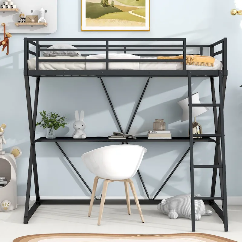 Twin Size Loft Bed with Desk, Ladder and Full-Length Guardrails, X-Shaped Metal Frame, No Box Spring Needed for Kids