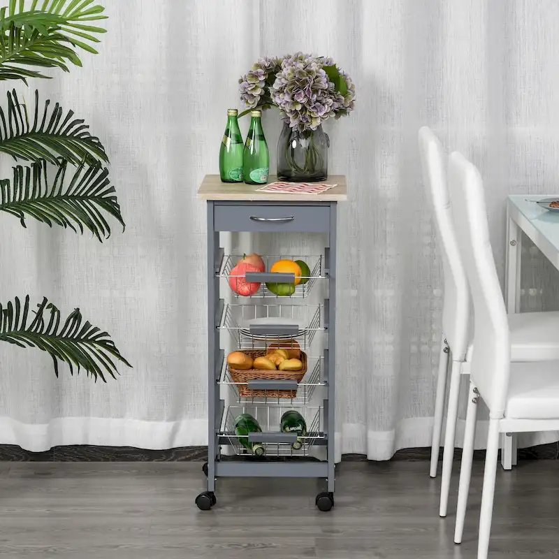 32.25 Wooden Rolling Kitchen Storage Cart on 360-deg Swivel Wheels with Ample Storage Space & Solid Structure
