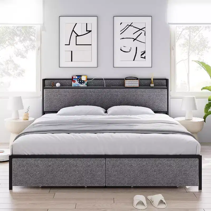 King Size Bed Frame with 2 Storage Drawers and USB Ports, Modern Platform Bed with Upholstered Shelf Headboard, Sturdy, Noise Free, Gray
