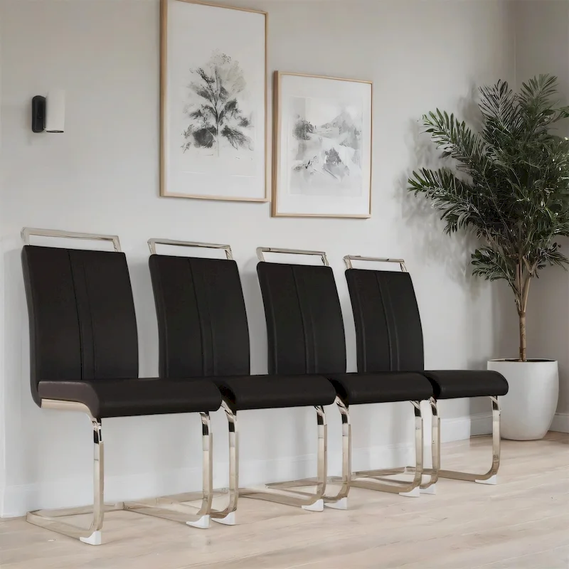 PU Leather High Back Upholstered Dining Chair w/ Metal Legs(Set of 4)