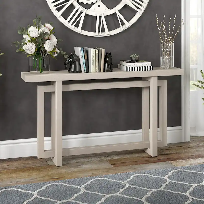 55" Rectangular Console Table, White/Black/Gray Oak, Geometric Base, MDF