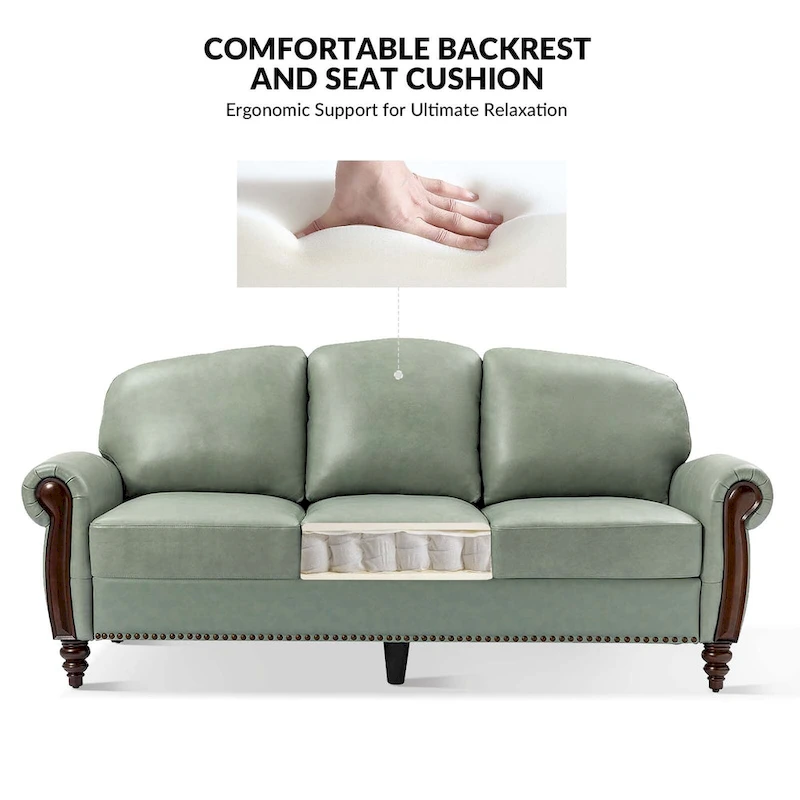 Eduard 84 Traditional Genuine Leather Sofa with Carved Wood Legs by HULALA HOME