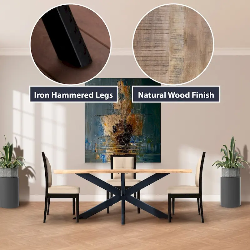 63-Inch Rectangle Dining Table with Mango Wood Top and Metal Spider Leg Base