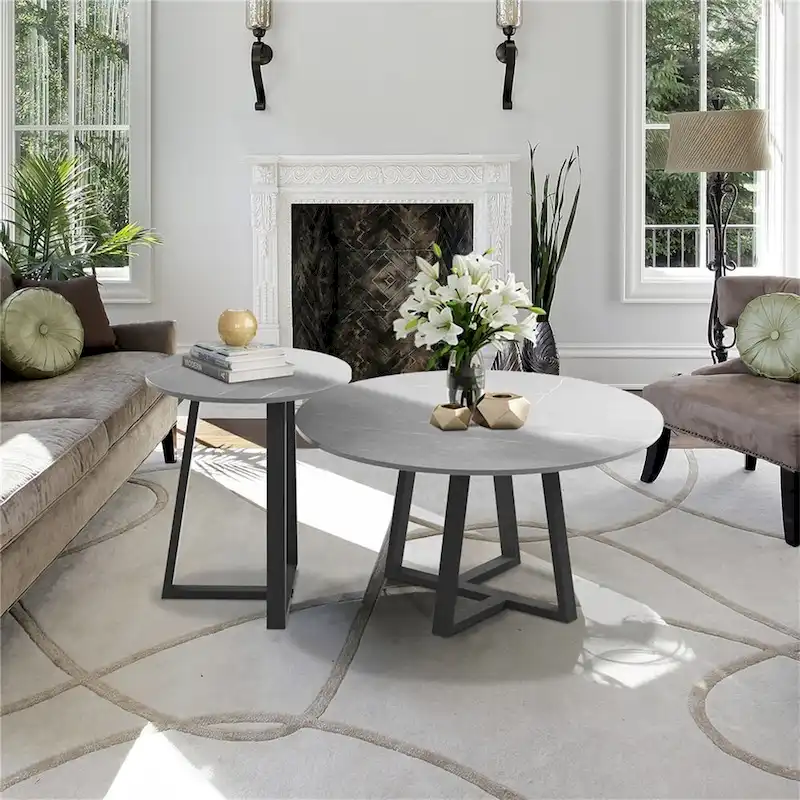 Set of 2 Round Nesting Tables Sintered Stone Marble Coffee Table - 31.5x15.7 inch