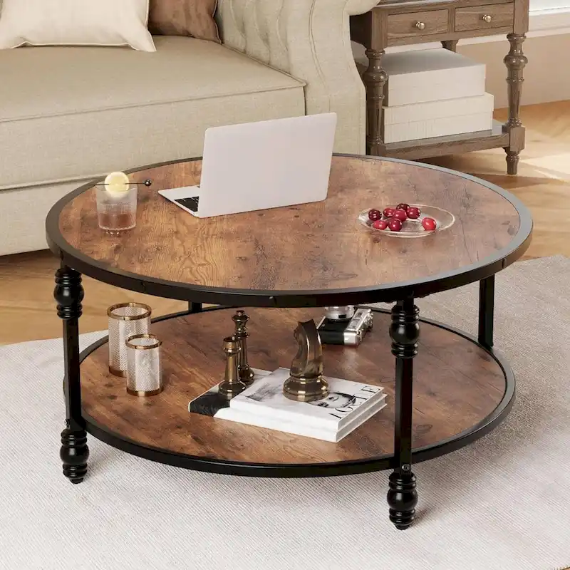 Rustic Circle Coffee Table with Storage Shelf