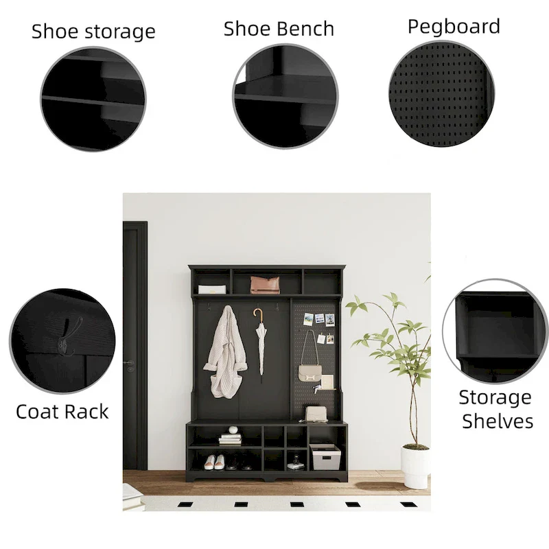 Hall Tree with Shoe Bench, Coat Rack, Shelves and Pegboard