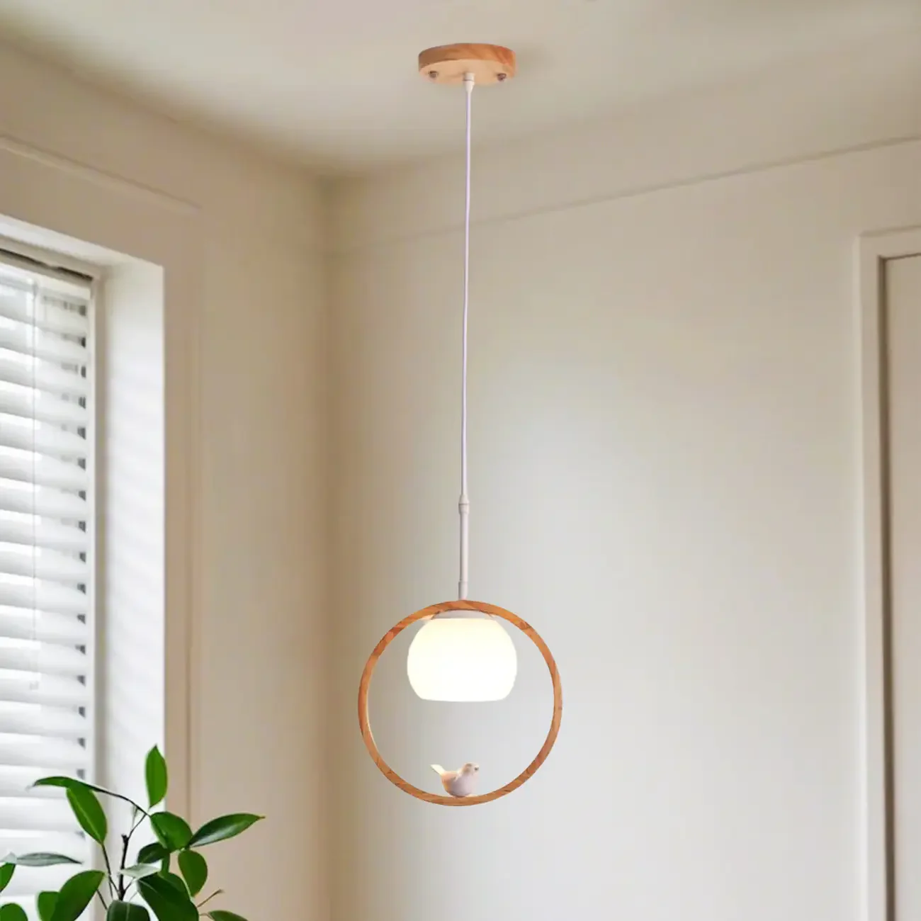 Designer Wooden Ring LED Pendant Light with Glass Shade for Home Decor