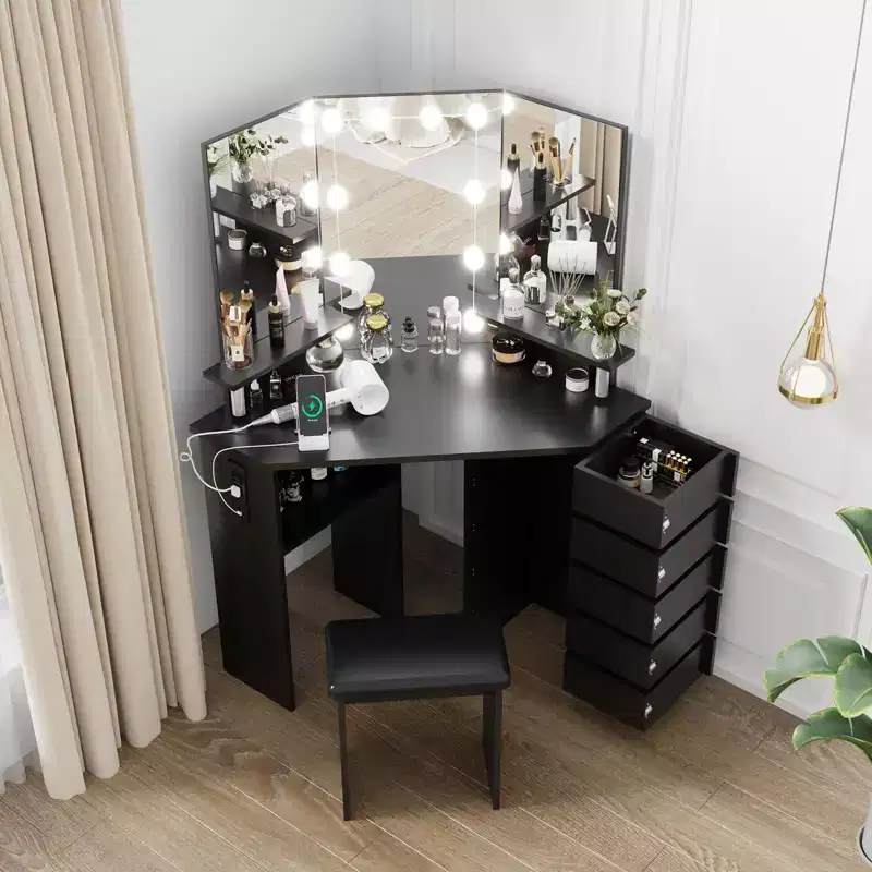 Makeup Vanity Desk Set, Corner Vanity Desk with Stool, 5 Rotating Drawers, Brightness Adjustable, for Bedroom, Living Room