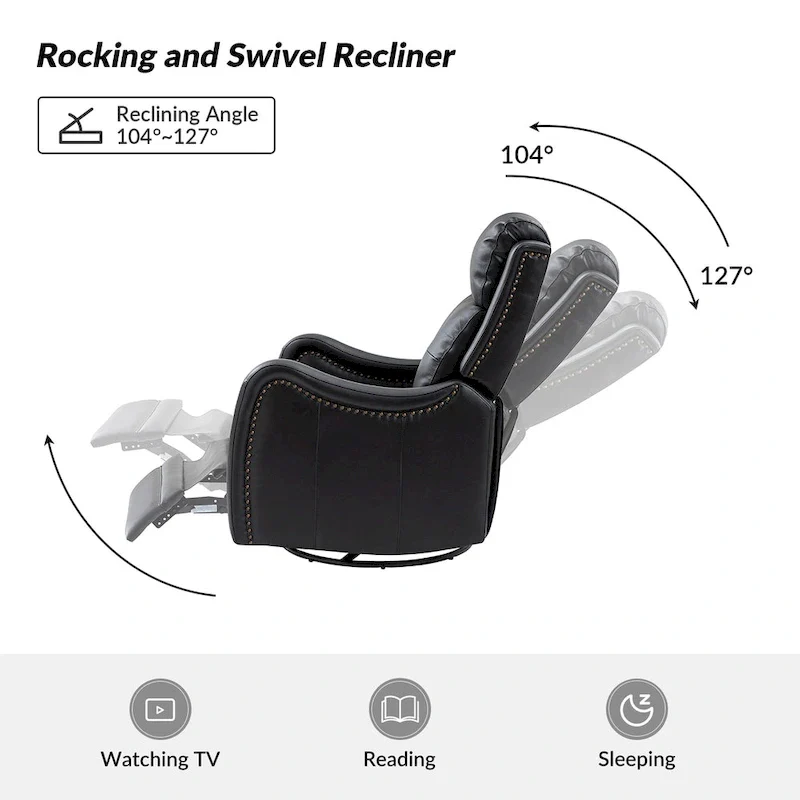 Genuine Leather Swivel Rocker Recliner with Nailhead Trims by