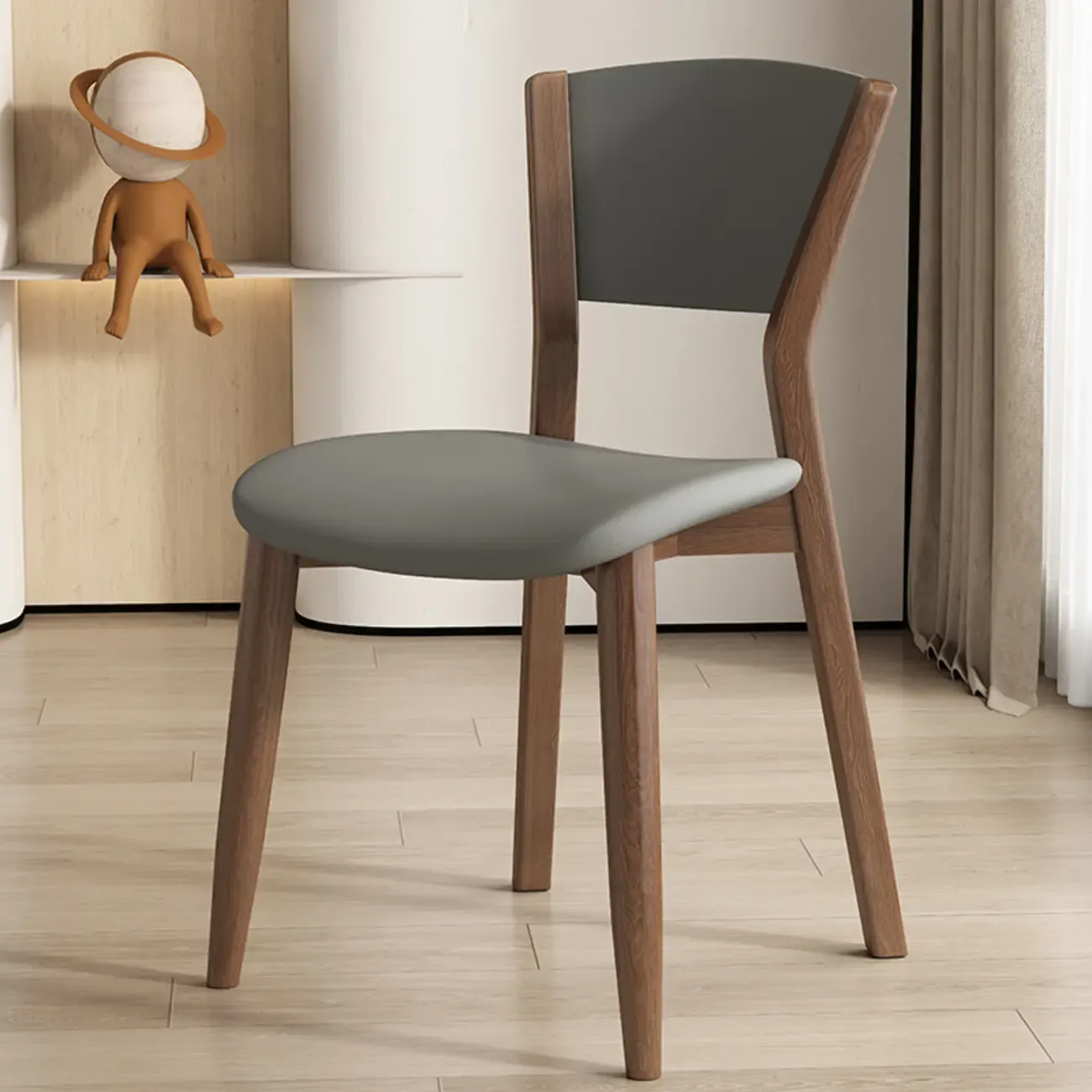 Simple Wooden Open Back Faux Leather Upholstered Dining Chair