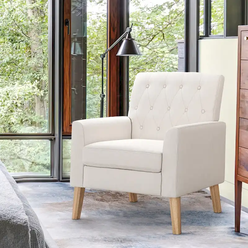 LUE BONA Modern Upholstered Accent Chair Linen Fabric Button Tufted Armchair with Solid Wood Frame - 28.5 W X 27.25 D X 33.75 H