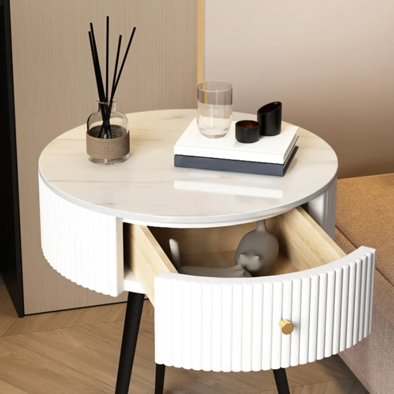 Modern Sintered Stone Top Round Drawer Tripod Nightstand