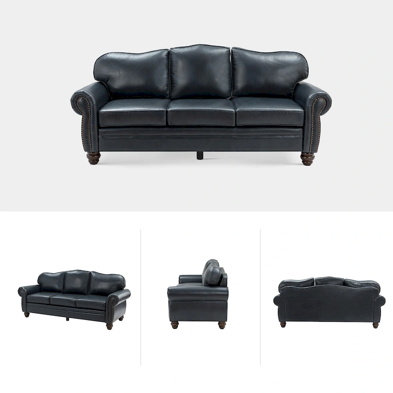 Balvino 81 Wide Transitional Genuine Leather Rolled Arm Sofa with Nailhead Trim and Removable Cushions