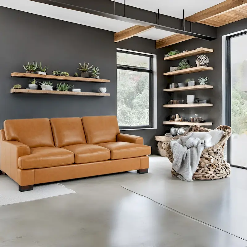 Genuine Leather Square Arm Sofa, Tan, Goose Feather Cushions, Block Legs, Seats 3