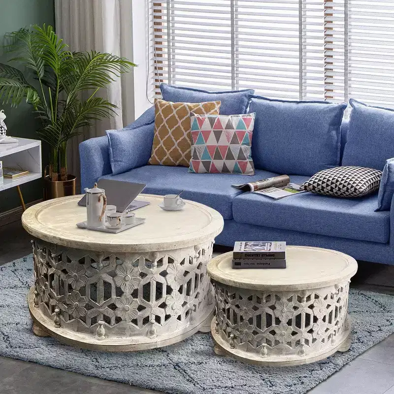 Royal Hampton 30 Inch Round 2 Piece Wood Coffee Table Set, Carved Floral Design
