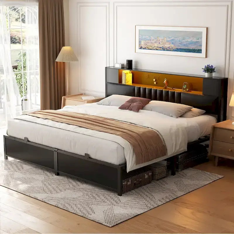 Farmhouse Bed Frame with Holey Board, Upholstered Headboard Platform Bed with Charging Station