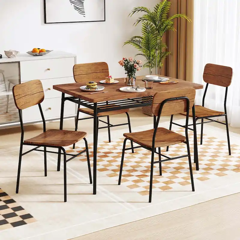 Costway 5 PCS Wood Square Kitchen Table & Chair Set with Metal Frame