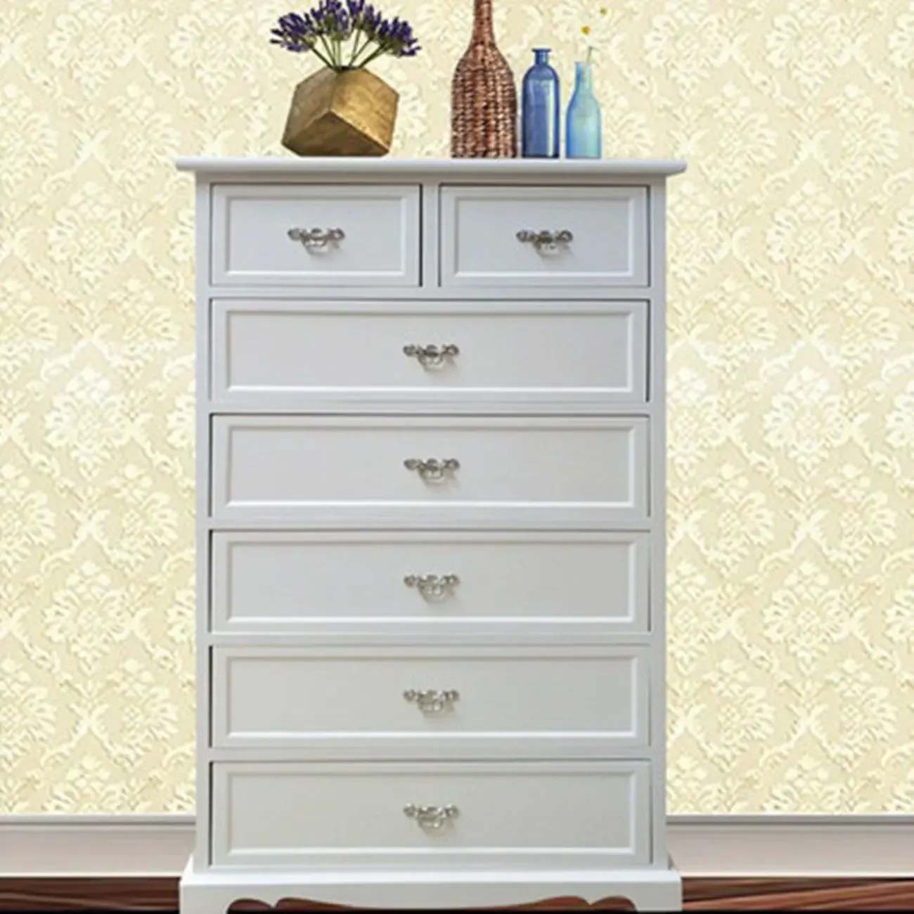 Elegant Wooden 9-Drawer White Dresser with Metal Handle