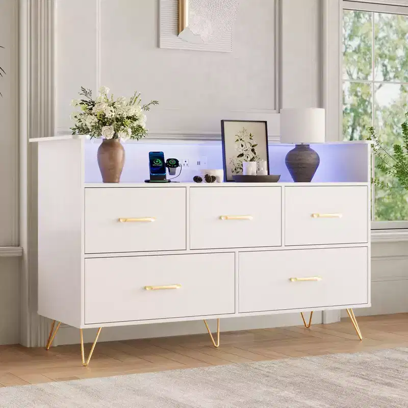 White 5-Drawer Dresser with LED Lights & Charging Station